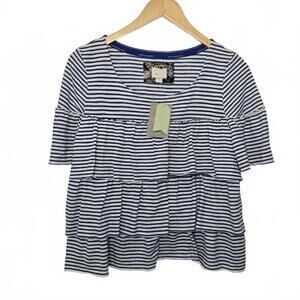 Anthropologie Navy and White Striped Tiered Ruffle Tee
